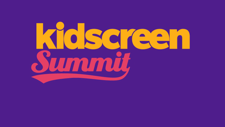 Kidscreen Summit logo in mustard and pink on a purple background.