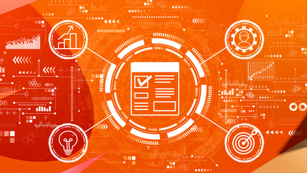 Graphics in white of documents and graphs on a red and orange background.