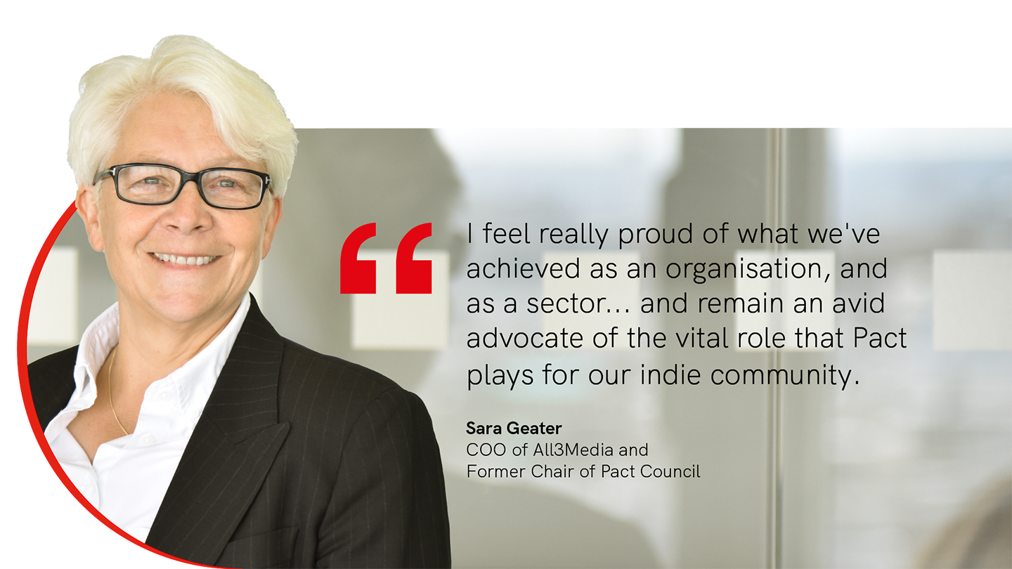 Image of Sara Geater, a woman with short white hair, with the words: I feel really proud of what we've achieved as an organisation, and as a sector...