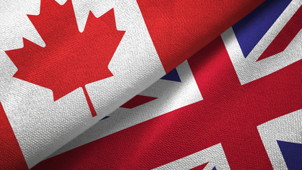 Image of the Canadian flag and Union Jack overlapping.