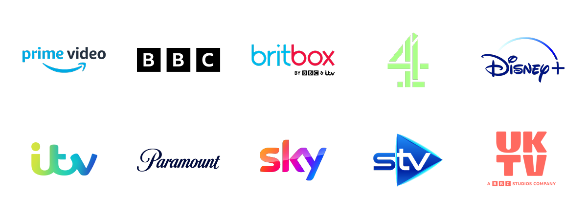 Logo banner: Amazon Prime Video, BBC, Britbox, Channel 4, Disney, ITV, Paramount, Sky, STV, UKTV