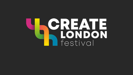 Create London Festival logo - wording in bold and thin white font on a black background, with a multicolour twisted graphic to the left.