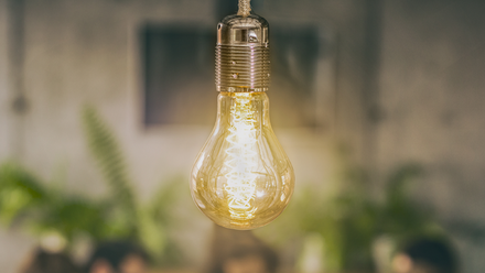 Photo close up on a lightbulb suspended from the ceiling of a creative office space with greenery and black-framed glass windows.