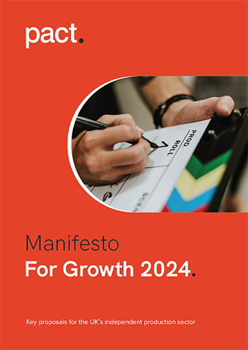 Image of the front cover of the Manifesto For Growth - a red cover with an image cut out on the top right of a film clapper board being written on.