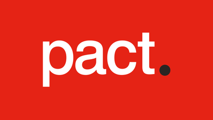 Pact logo in white with black full stop on a solid Pact red background