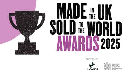 Made in the UK, Sold to the World Awards 2025 logo with a black trophy graphic and light purple semi-circle.