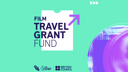 Logo: Film Travel Grant Fund written in navy blue on a white ticket-like block, on a light green background.