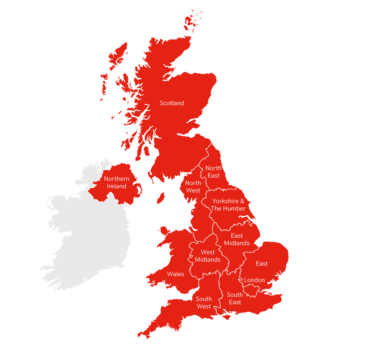 UK map in red with the nations and regions separated out by thin white borders.