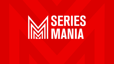 Series Mania logo in white lettering with an 'M' shaped stripe motif in light and dark red behind it.