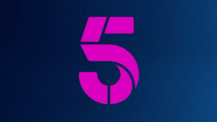 Channel 5 logo in pink on a blue background.