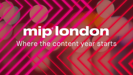 MIP LONDON logo in white lowercase on a red patterned background, with the tagline 'Where the Content Year Starts' below it.